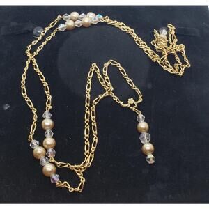 Vintage Gold Tone Chain Necklace Faux Pearl Aurora Borealis Crystal Beads LONG